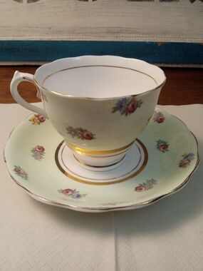 Pale Green Floral Bone China Teacup and Saucer with Gold Trim
